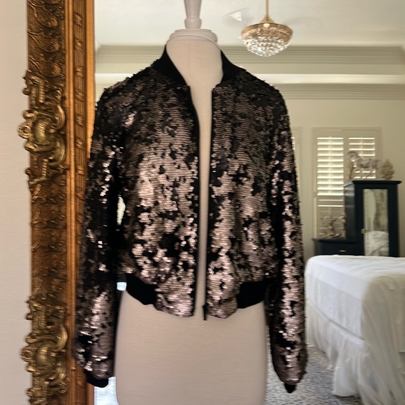 1 State Glam Rock Metallic Flip Sequin Bomber Jacket Size: Large Ringer Black - Picture 1 of 7